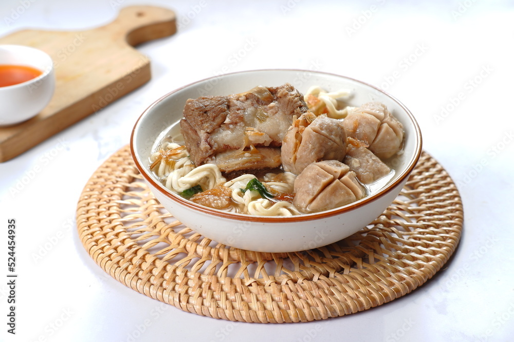 Bakso ,Meatballs Noodles with Soup Served Chili Sour Suace Indonesian food Style Bakso ,Meatballs Noodles with Soup Served Chili Sour Suace Indonesian food Style
