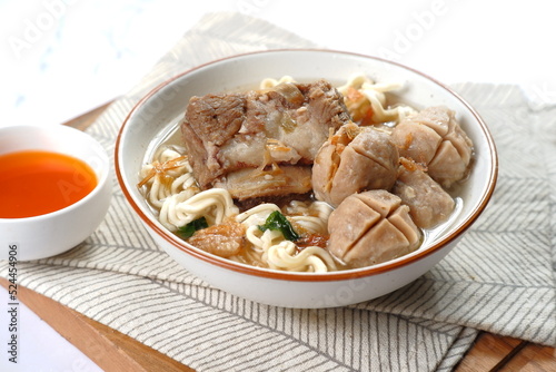 Bakso ,Meatballs Noodles with Soup Served Chili Sour Suace Indonesian food Style