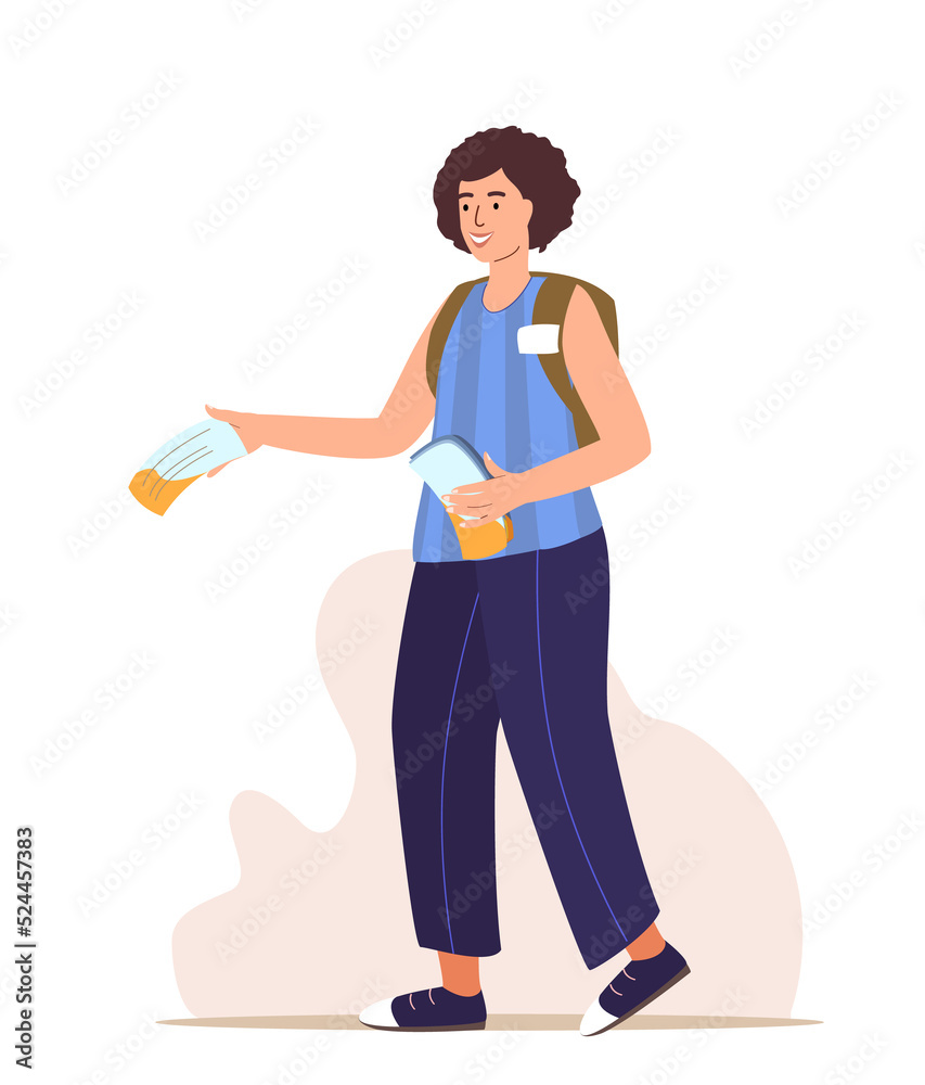 Female Character with Badge and Backpack Giving Flyers Isolated on White Background. Promoter, Volunteer or Distributor Girl Share Informational Leaflets on Street. Cartoon People Vector Illustration Female Character with Badge and Backpack Giving Flyers Isolated on White Background. Promoter, Volunteer or Distributor Girl Share Informational Leaflets on Street. Cartoon People Vector Illustration