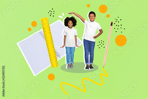 Poster collage of schoolkids measure high wear casual cloth isolated on green drawing color background photo