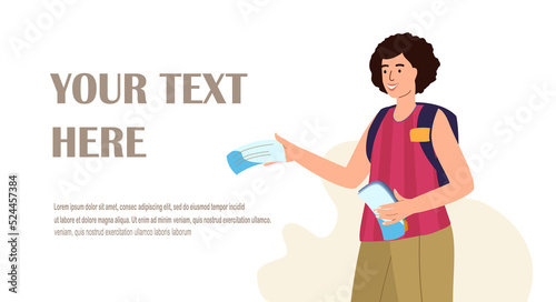 Volunteering Landing Page Template. Volunteer Character with Badge Giving Flyers on Street. Woman Member of Foundation Community Promote Idea for Helping People. Cartoon People Vector Illustration