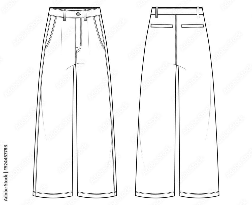 women wide straight leg jeans flat sketch vector illustration. front and  back view cad drawing. Stock Vector | Adobe Stock