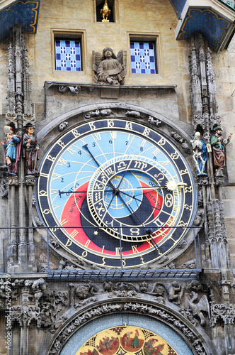 Detail of the ancient medieval astronomical clock Prague, Czech Republic, showing the signs of the zodiac, the sun and the moon