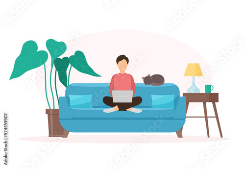 The freelancer man works at home. Businessman with laptop. The concept of home education. Remote employee. Cozy living room interior in a flat style. Vector illustration