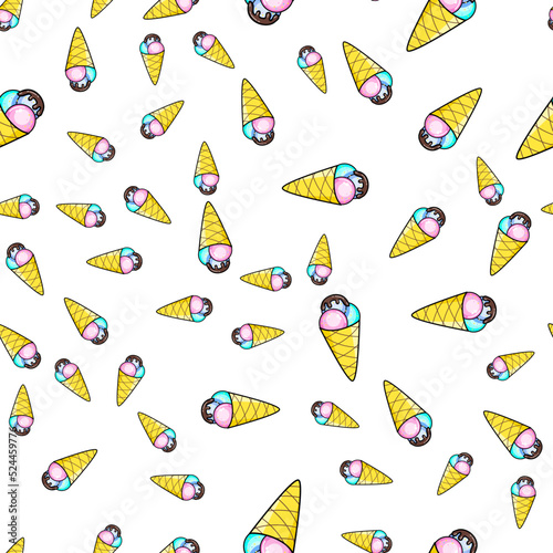 Ice cream seamless pattern on white background. Paper print design. Abstract retro vector illustration. Trendy textile, fabric, wrapping. Modern space decoration.