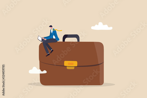 Work experience, expertise or professional employee, specialist skill, occupation or administrator work, wisdom or employment concept, confidence businessman working with computer laptop on briefcase. photo