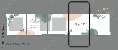social media carousel post. green watercolor paint and floral graphic background for woman, fashion, beauty. creative soft aesthetic Instagram story and feed template
