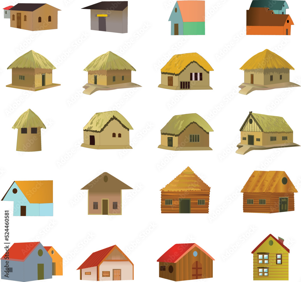 Village houses collection exterior vector illustration front view with roof. Townhouse building apartment. Home facade with doors and windows. Village houses collection exterior vector illustration front view with roof. Townhouse building apartment. Home facade with doors and windows.