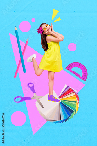 Vertical collage of little cheerful girl school supplies scissors colorful paper pencil protractor isolated on painted background