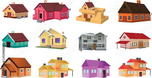 Houses exterior vector illustration front view with roof. Modern. Townhouse building apartment. Home facade with doors and windows.