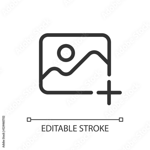 Add picture pixel perfect linear ui icon. Upload image. Digital photos. Content management. GUI, UX design. Outline isolated user interface element for app and web. Editable stroke. Arial font used