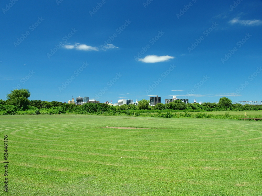 江戸川河川敷の除草された跡の残る真夏の野球場風景