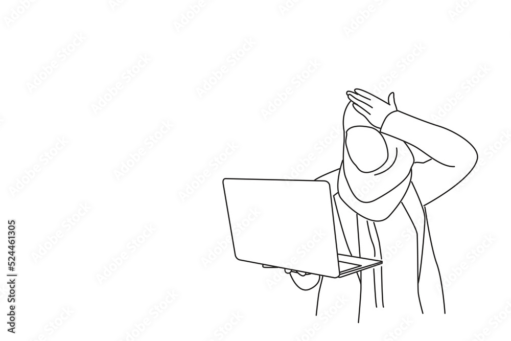 Cartoon of business woman wearing muslim hijab using laptop stressed with hand on head. Oneline art drawing style Cartoon of business woman wearing muslim hijab using laptop stressed with hand on head. Oneline art drawing style