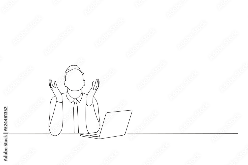 Drawing of emotional scared young manager sitting in office and screaming and crying cause made big mistake. Oneline art drawing style
