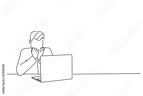 Cartoon of scared or nervous businessman sitting in cafe working online and nail biting himself. Outline drawing style art