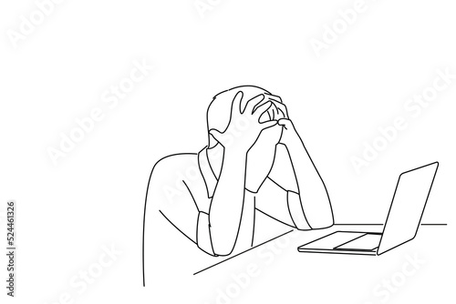 Illustration of young stressed businessman sitting with laptop and touching head with shocked facial expression. Oneline art drawing style