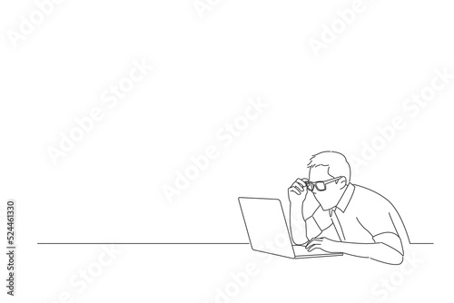 Drawing of young shocked man using laptop computer sitting at table. One line art