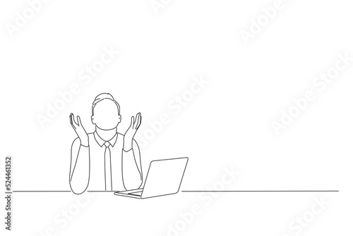 Drawing of emotional scared young manager sitting in office and screaming and crying cause made big mistake. Oneline art drawing style