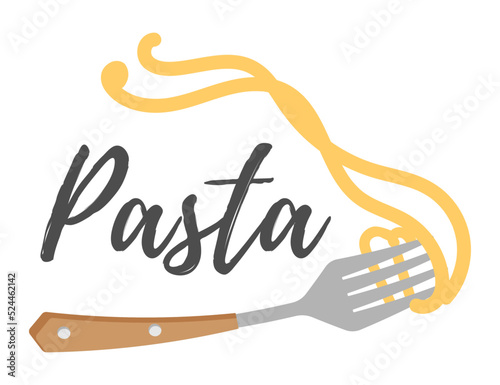 Pasta roll on the fork. Italian pasta with fork silhouette. Black fork with spaghetti on the yellow background. Hand holding a fork with spaghetti.