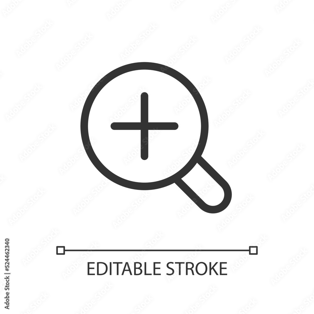 Fototapeta premium Magnifier and plus pixel perfect linear ui icon. Image enlargement. Photo editor instrument. GUI, UX design. Outline isolated user interface element for app and web. Editable stroke. Arial font used