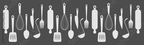 Set of black silhouettes kitchen tools fork spoon knife rolling pin ladle board for cutting culinary banner with place for your text vector illustration isolated on white background