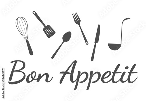 Bon appetit writing with fork and knife. Cutlery fork and spoon with plants. vector sketch. hand drawing isolated	
