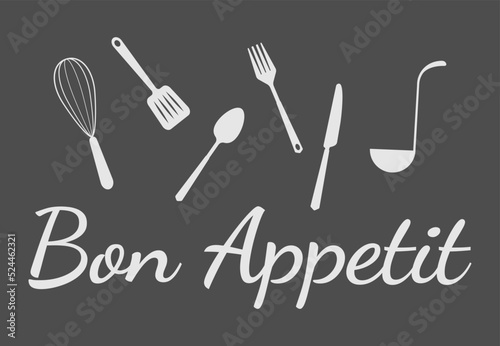 Bon appetit writing with fork and knife. Cutlery fork and spoon with plants. vector sketch. hand drawing isolated	
