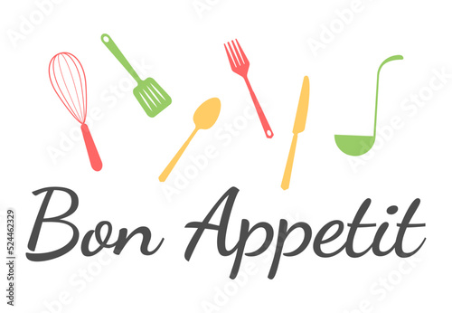 Bon appetit writing with fork and knife. Cutlery fork and spoon with plants. vector sketch. hand drawing isolated	
