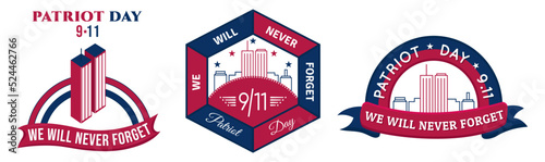 Patriot Day 11 September Geometric Shape Emblem vector illustration. 9 11 We Will Never Forget USA Abstract Flat Badge. World Trade center, Twin Towers Greeting card, social media post, website header