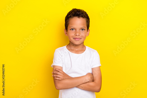 Photo of calm serious school boy dressed trendy white clothes outfit arm crossed isolated on yellow color background