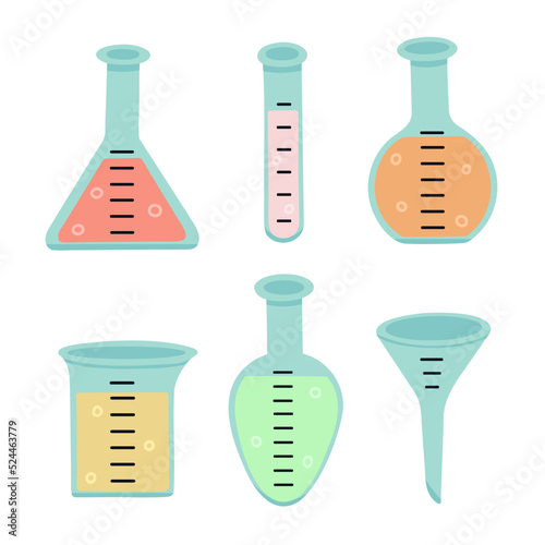 Chemical flasks set. Vector Illustration for printing, backgrounds, covers, packaging, greeting cards, posters, stickers, textile and seasonal design. Isolated on white background.