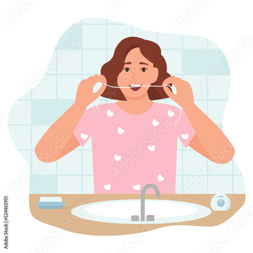  Woman brushes teeth with dental floss in bathroom. Smiling mouth with healthy teeth. Oral hygiene and daily routine concept. Vector illustration iisolated on white background