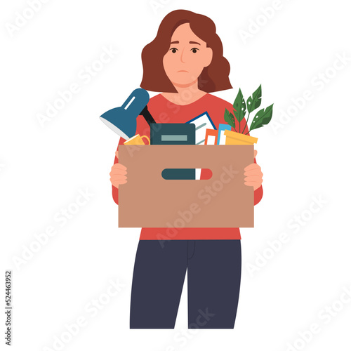 Depressed dismissed business woman holding a box. Unemployment, crisis, jobless and employee job reduction concept. Vector illustration