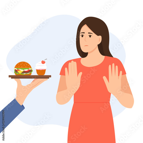 YWoman refuse fast food and sweet dessert. Girl showing stop hand sign for unhealthy,fat, high-calorie meals. Dieting and healthy lifestyle. Vector illustration