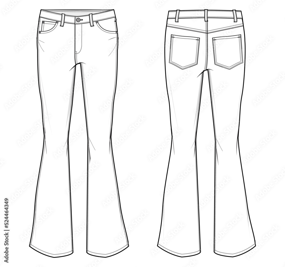 boot cut jeans flat sketch vector illustration. front and back view ...