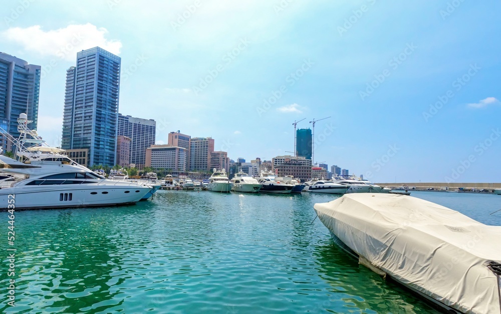 Fototapeta premium A view of the beautiful Marina in Zaitunay Bay in Beirut, Lebanon. A very modern, high end and newly developed area of Beirut, since 2011. 