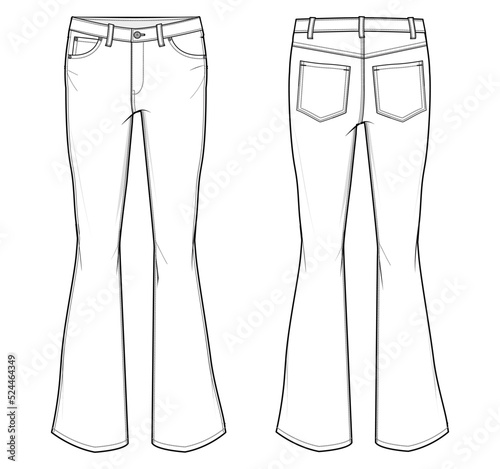 boot cut jeans flat sketch vector illustration. front and back view template. cad mockup.
