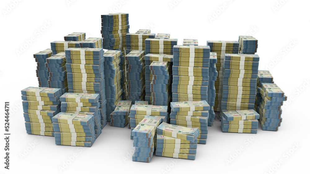 Big stack of Malagasy ariary notes. A lot of money isolated on white background. 3d rendering of bundles of cash Big stack of Malagasy ariary notes. A lot of money isolated on white background. 3d rendering of bundles of cash