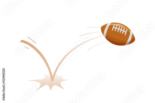 Touchdown of ball in American football with trajectory on playing field near line. American football Sport accessories. Flying,  bounce ball. Rugby equipment. Game symbol. Vector concept illustration