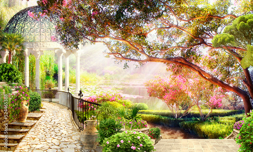 a-blooming-garden-by-the-lake-with-a-gazebo-photo-wallpapers