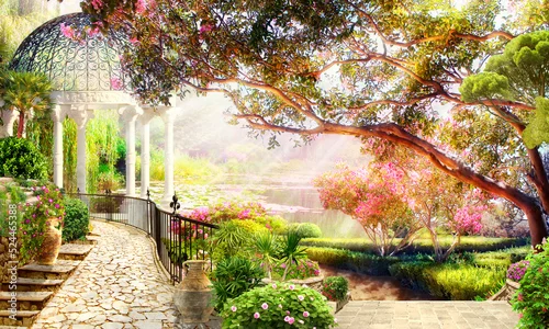 Obraz A blooming garden by the lake with a gazebo. Photo wallpapers.