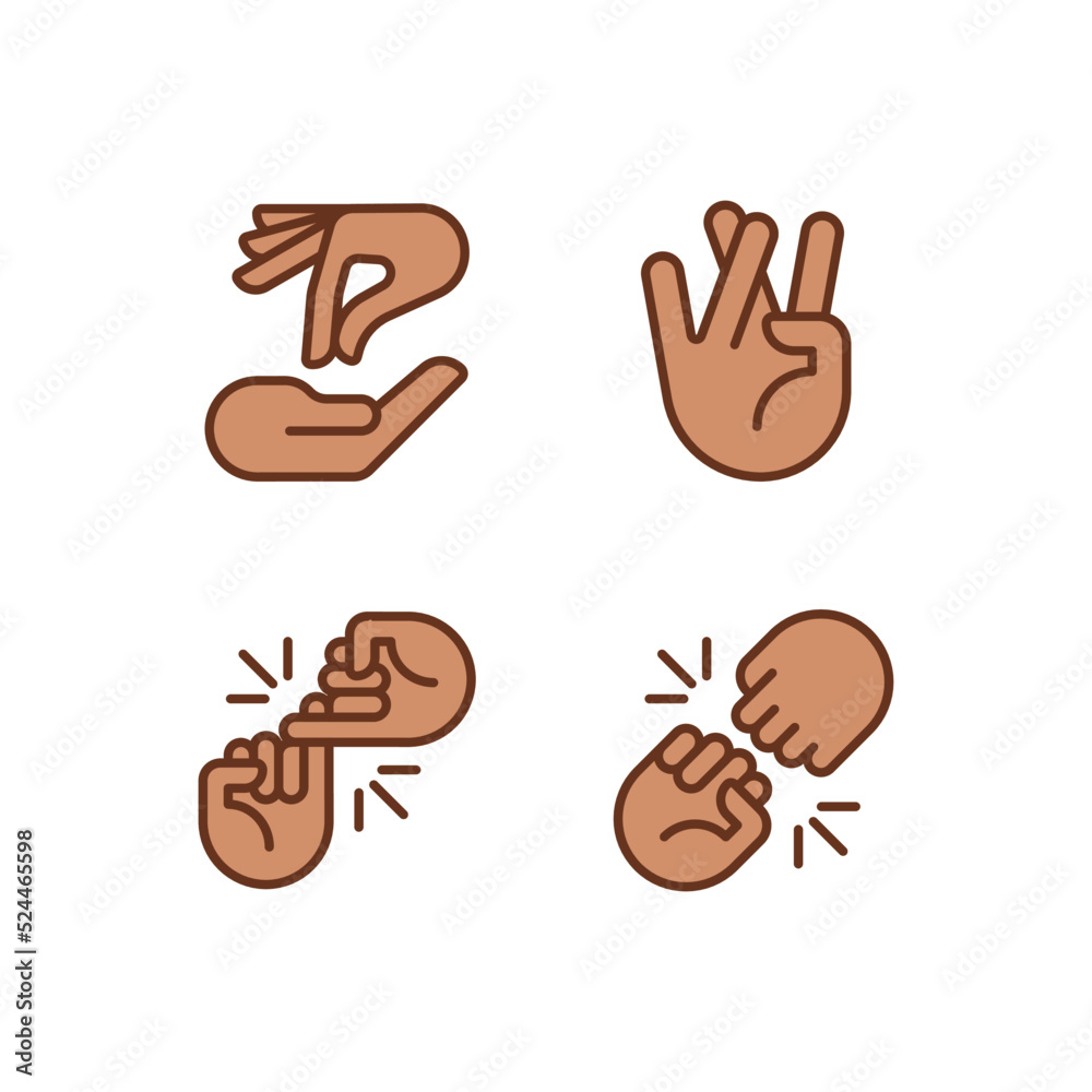 Fototapeta premium Using gestures for communication pixel perfect RGB color icons set. Interaction and expression. Hands position. Isolated vector illustrations. Simple filled line drawings collection. Editable stroke