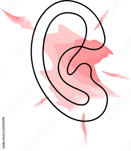 Human ear with pain continuous line drawing. Tinnitus, otitis, or infections concept. Medical checkup and test of hearing organs concept. Deafness symbol vector illustration.
