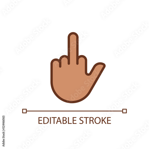 Middle finger pixel perfect RGB color icon. Obscene hand gesture. Offensive non verbal message. Isolated vector illustration. Simple filled line drawing. Editable stroke. Arial font used