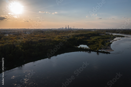Drone photo of Vistula River in Zawady area, Warsaw city, Poland