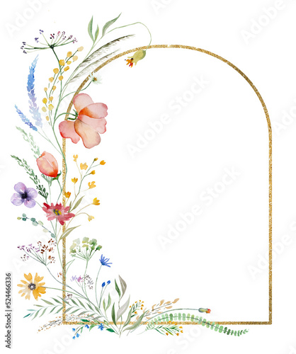 Frame made of watercolor wildflowers and leaves, wedding and greeting illustration photo