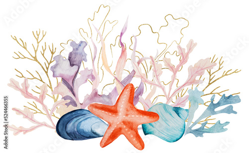  Arrangement made from Watercolor and golden seaweeds and seashells, beach wedding Illustration
