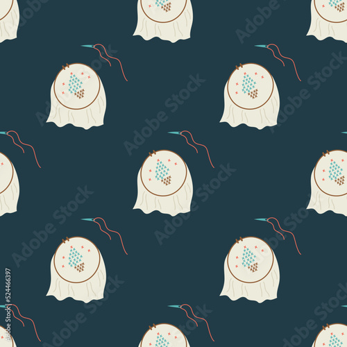 Seamless pattern with embroidery frame and needlework. Flat vector illustration