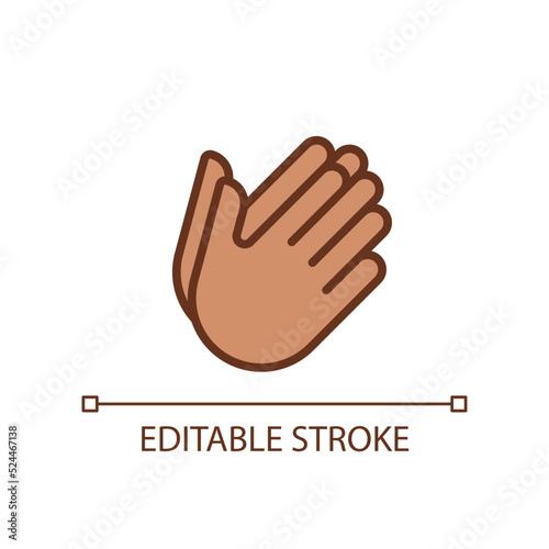 Hand holding something pixel perfect RGB color icon. Space between palms. Gesture and position. Isolated vector illustration. Simple filled line drawing. Editable stroke. Arial font used