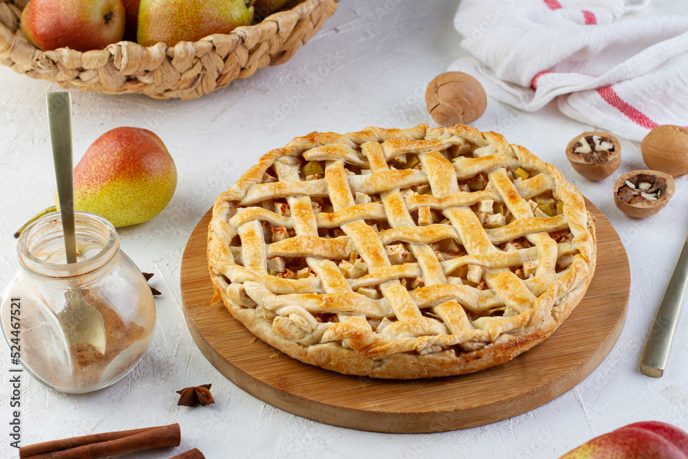 Pie with a lattice of pastry on the table Pie with a lattice of pastry on the table